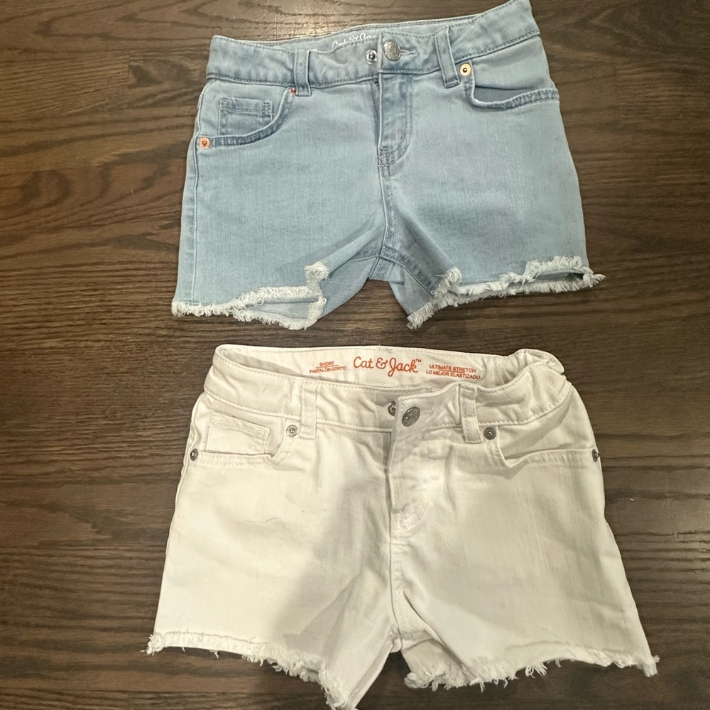 2 Pairs of Cat & Jack Jean Shorts. Frayed Hem, Blue and White, Sz M (8)
